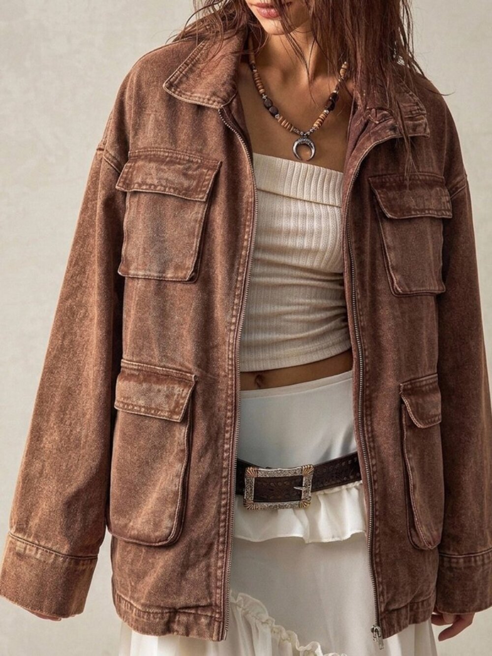 Brown Casual Women's Zipper Long Sleeve Jacket - Picture 9 of 9